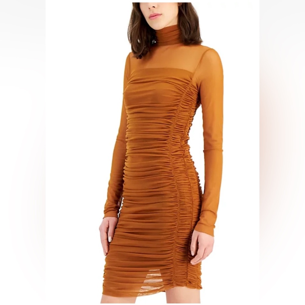 HUGO Women Mesh Ruched Long Sleeve‎ Dress Rustcopper Size xs nwt